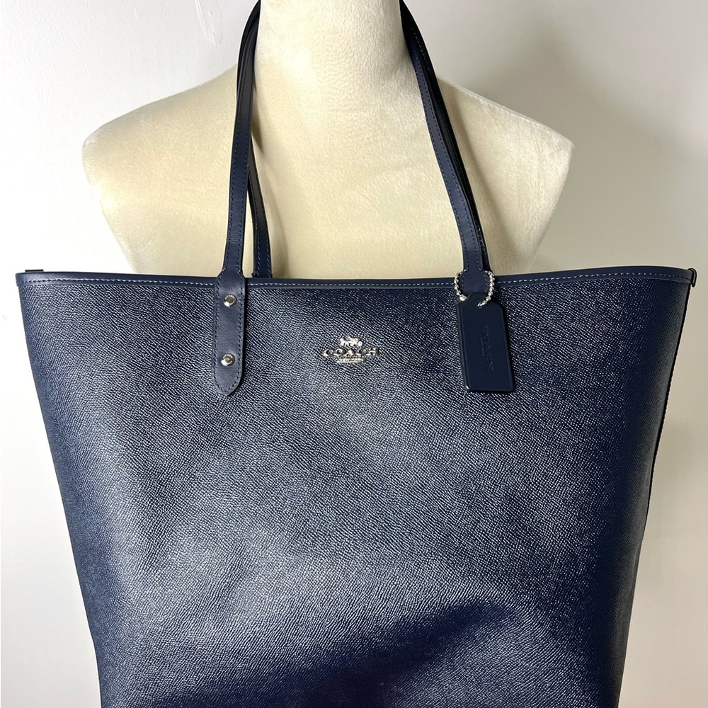 Coach Reversible City Tote  Gingham Print Navy  Yellow RARE Excellent Condition - Picture 10 of 13
